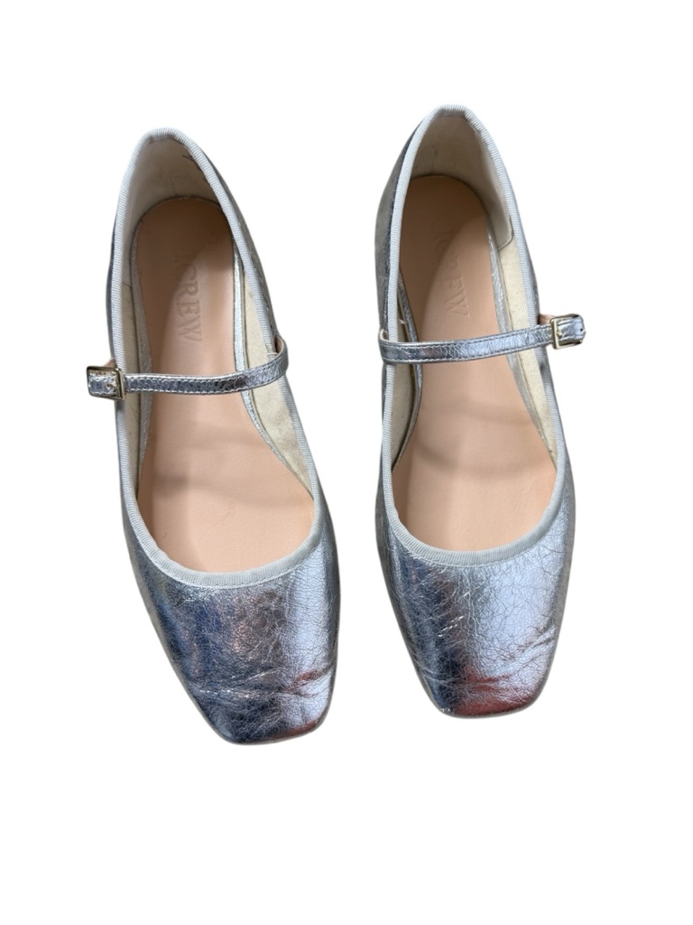 J. Crew Quinn Square-Toe Mary Jane Flats In Crinkled Metalic Leather Silver 7.5 - Picture 2 of 9